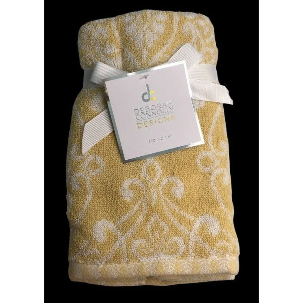 Deborah Connolly Fingertip Towels Bathroom Yellow White Fleur de Lis Set of 2